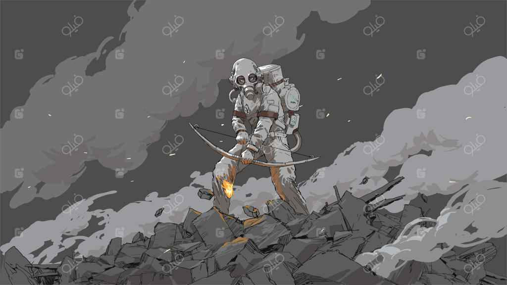 زن در یک لباس محافظ ضدعفونی با کمان آتش، تصویر برداری شده