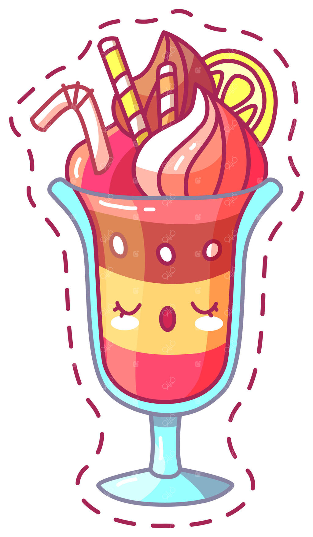 یک دسر دلچسب با لایه‌های رنگارنگ و برش‌های میوه و نی‌های تزئینی، مناسب برای تابستان