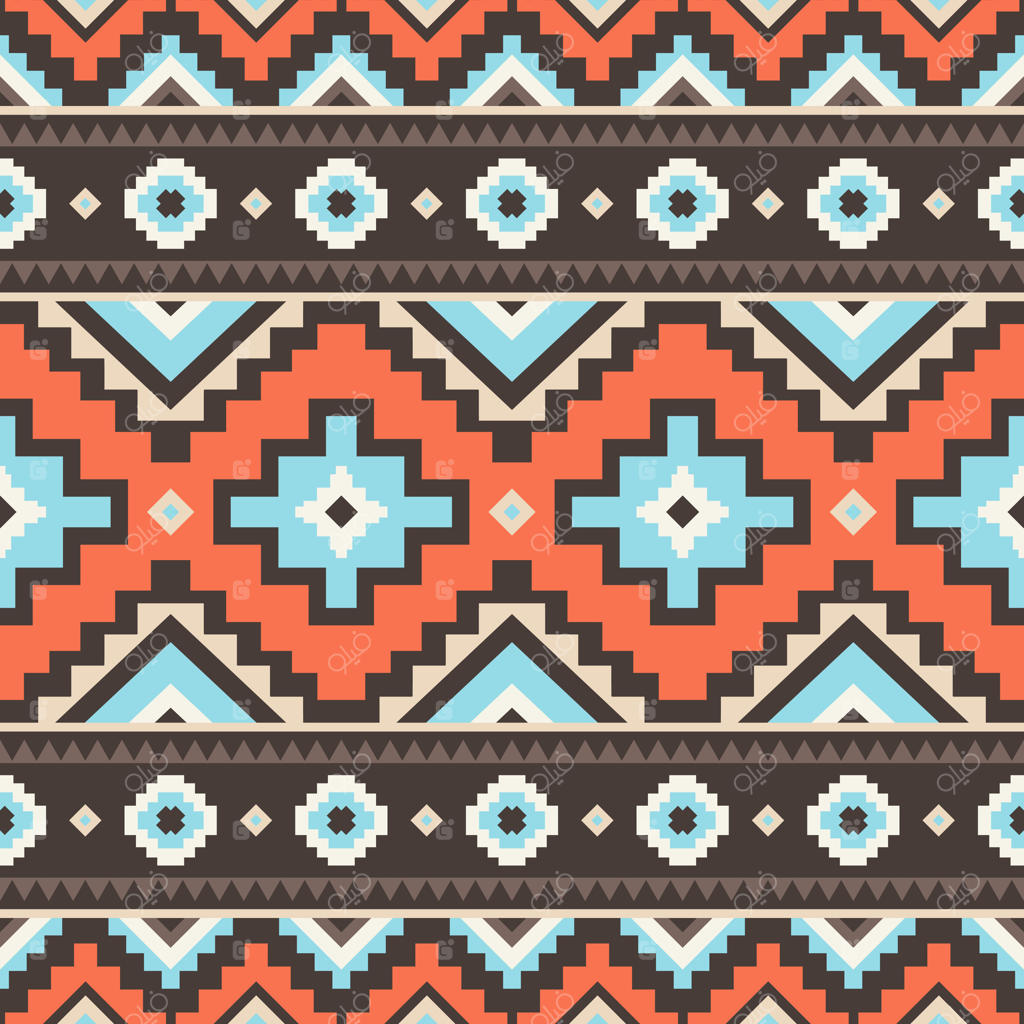 طرح یکپارچه قبیله‌ای. پس‌زمینه هندسی آزتک. قابل استفاده در طراحی پارچه، طراحی وب، ساخت لباس، لوازم جانبی، کاغذ تزئینی، بسته‌بندی، پاکت