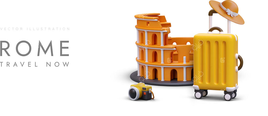 همین حالا از رم دیدن کنید. تراکت گردشگری تبلیغ سفر به ایتالیا؛ کلوسئوم سه بعدی، دوربین، چمدان و کلاه
