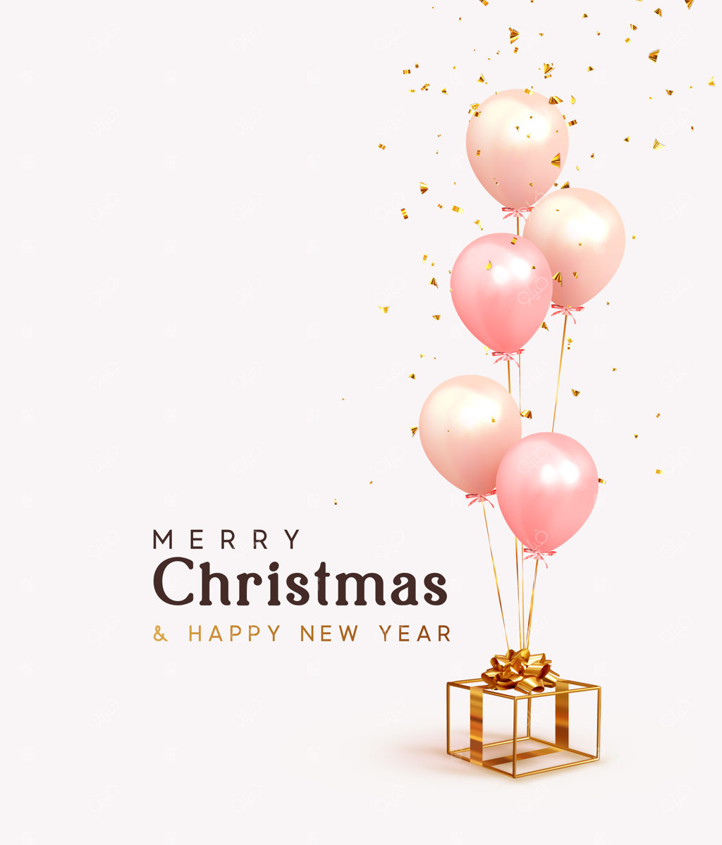 پس‌زمینه کریسمس. پس‌زمینه جشن با بادکنک‌های هلیومی و جعبه هدیه. پوستر و بنر تبریک سالگرد. عناصر طراحی تزئینی واقع‌گرایانه. آبجکت سه‌بعدی وکتور بادکنک با روبان به رنگ صورتی و مرجانی.