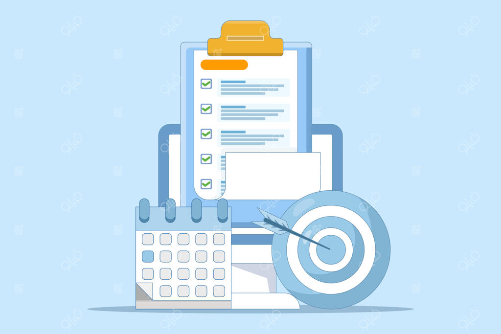 مفهوم دستاورد: لیست اهداف یا برنامه‌های آینده روی صفحه دستگاه. فلش به سمت هدف و تقویم در کنار گوشی هوشمند. طراحی ساده بر روی پس‌زمینه.