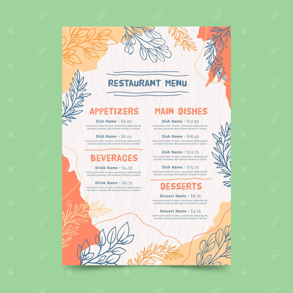 طراحی گرافیکی منوی دیجیتال رستوران با طرح گل‌ها