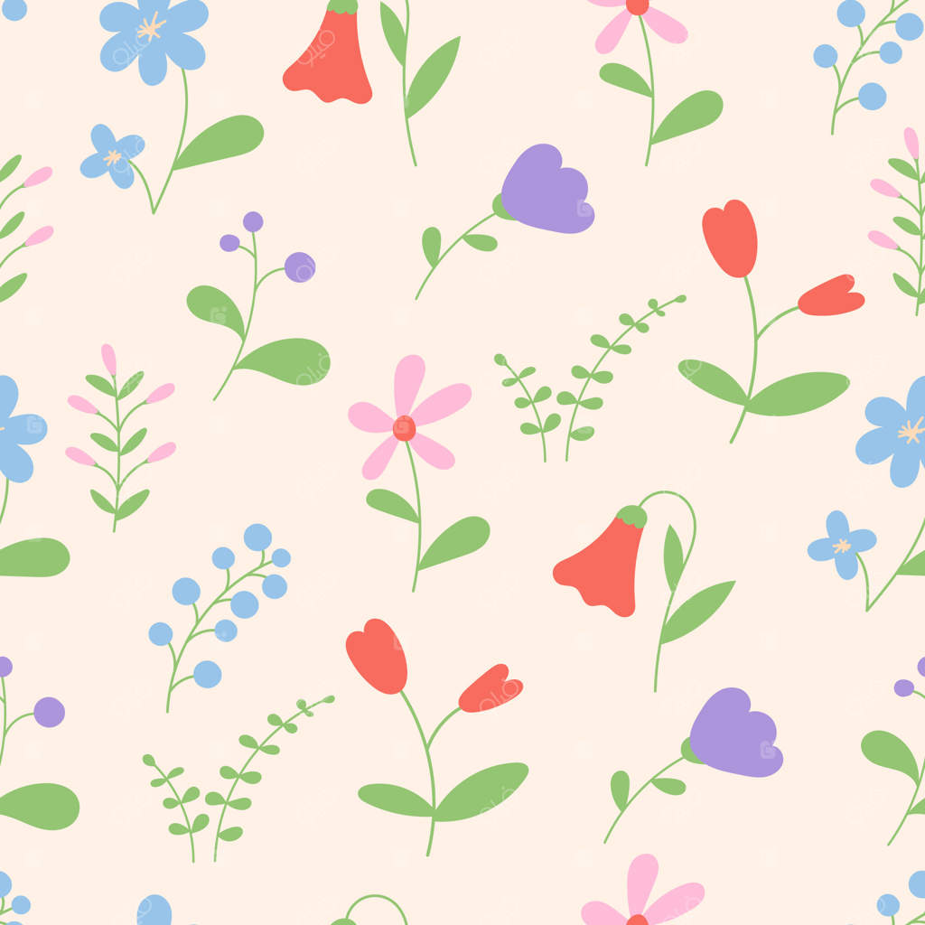 پترن گلدار یکپارچه: گل‌های دست‌کشش تابستانی، گیاهان وحشی و برگ‌ها. پس‌زمینه‌ای پیوسته از گل‌های باغ.