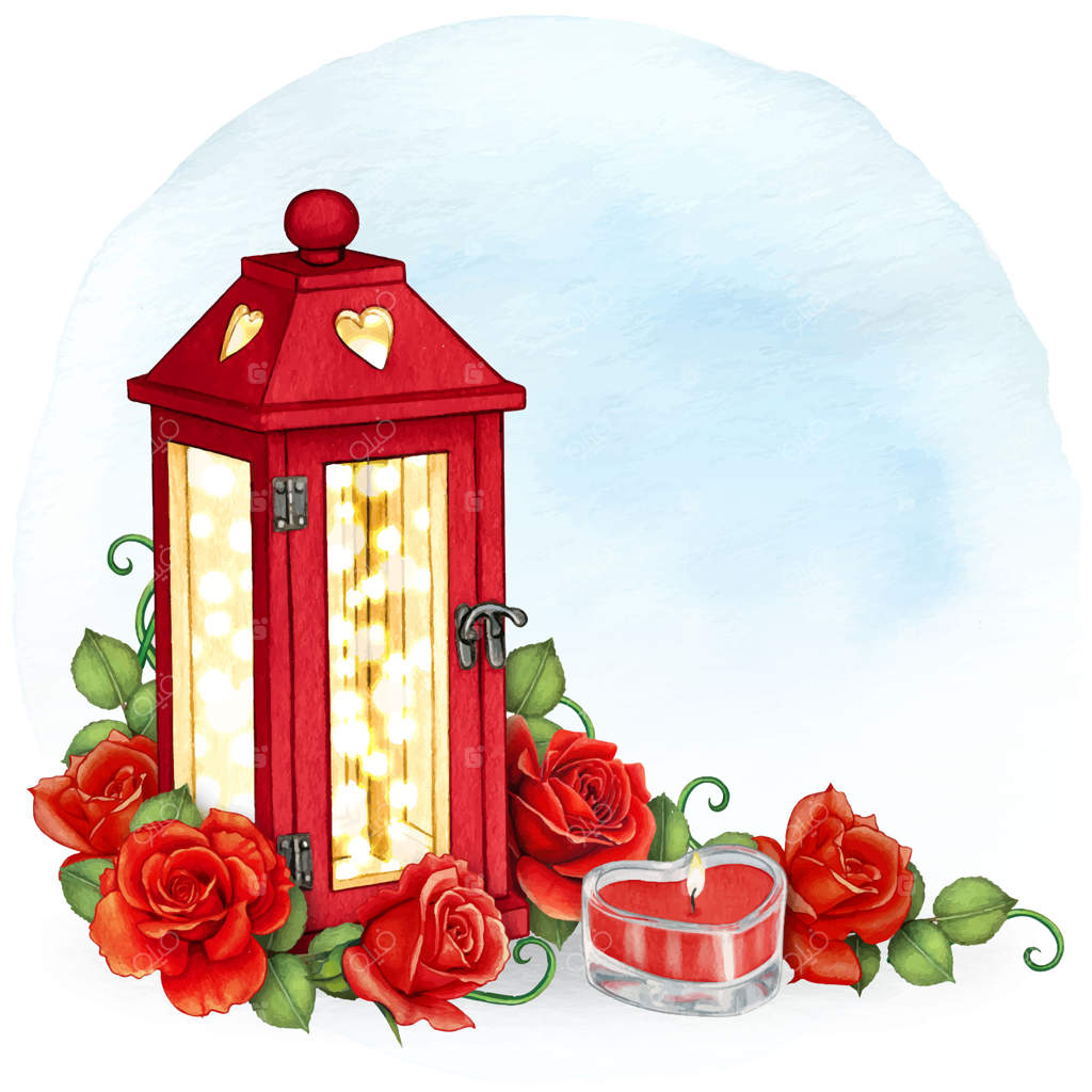 گوشه رمانتیک آبرنگی با گل‌های رز و فانوس‌ها