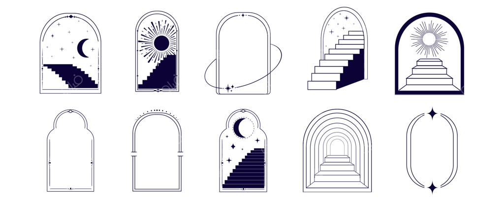 مجموعه‌ای از طراحی‌های مینیمالیستی: درب‌های قوسی، پلکان، خورشید و ستاره‌ها - مرزهای جادویی و دکوراسیون نجومی برای تتوهای ظریف روی پس‌زمینه سفید.