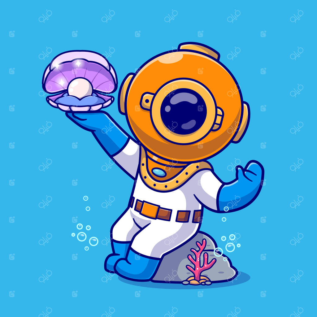 غواص بامزه نشسته روی صخره‌های مرجانی و در حال نگه‌داشتن صدف مروارید - تصویر کارتونی وکتور. علم