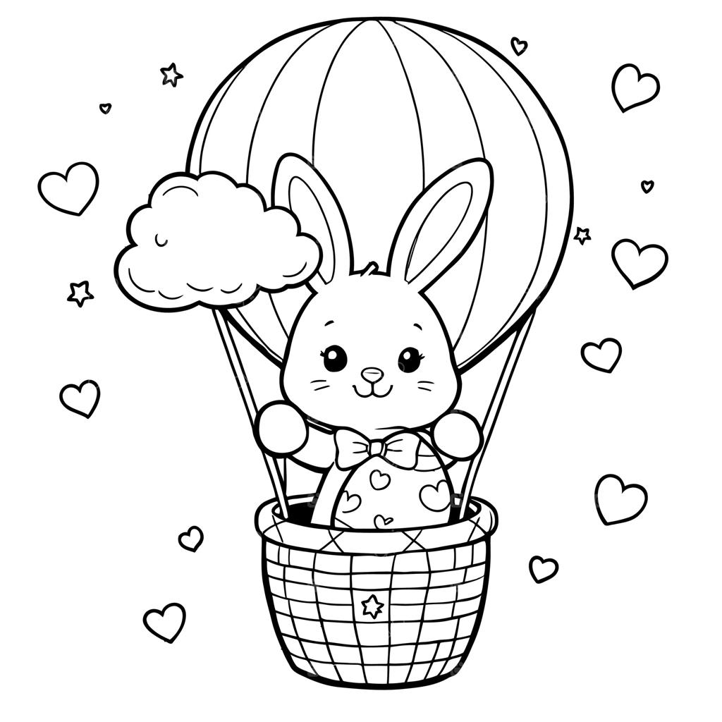 خرگوش بامزه بر فراز آسمان در بالون هوای گرم با قلب‌ها و ستاره‌ها برای لذت رنگ‌آمیزی