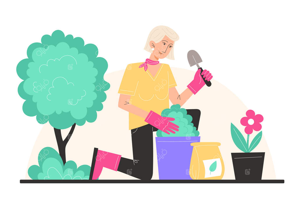 زنی مسن در باغچه نشسته و گل‌ها را در گلدان‌ها می‌کارد