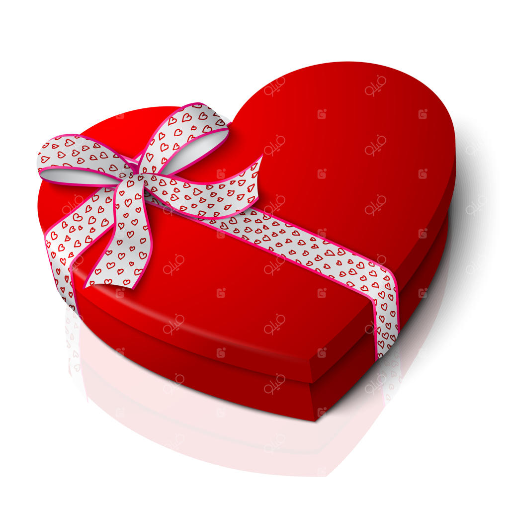 جعبه قلبی شکل واقعی به رنگ قرمز روشن با روبان صورتی و سفید