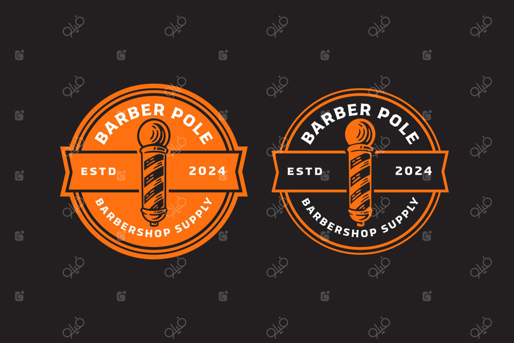 طراحی لوگو و نشان قدیمی برای آرایشگاه: میله آرایشگری با توپ و چراغ دایره‌ای، مناسب برای آرایشگاه، سالن زیبایی، اصلاح مو و ریش، آرایشگری، المان مردانه، و زیبایی