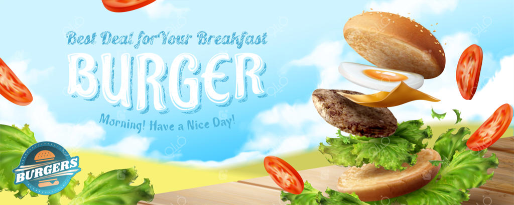 تبلیغات بنری همبرگرهای خوشمزه با مواد شناور