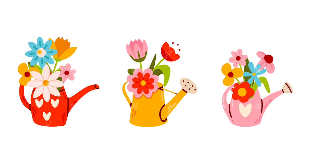 مجموعه‌ای از آب‌پاش‌های گلدار زیبا با گل‌های شکوفا. کلیپ‌آرت کارتونی دست‌کشیده از ابزارهای باغبانی برای استیکرها، دکور بهاری و ترکیب‌های گل.