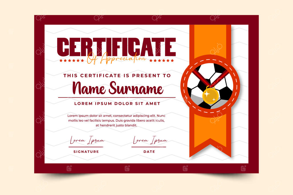 قالب طراحی گواهی رویداد ورزشی مسابقات فوتبال - قابل ویرایش و شخصی‌سازی آسان