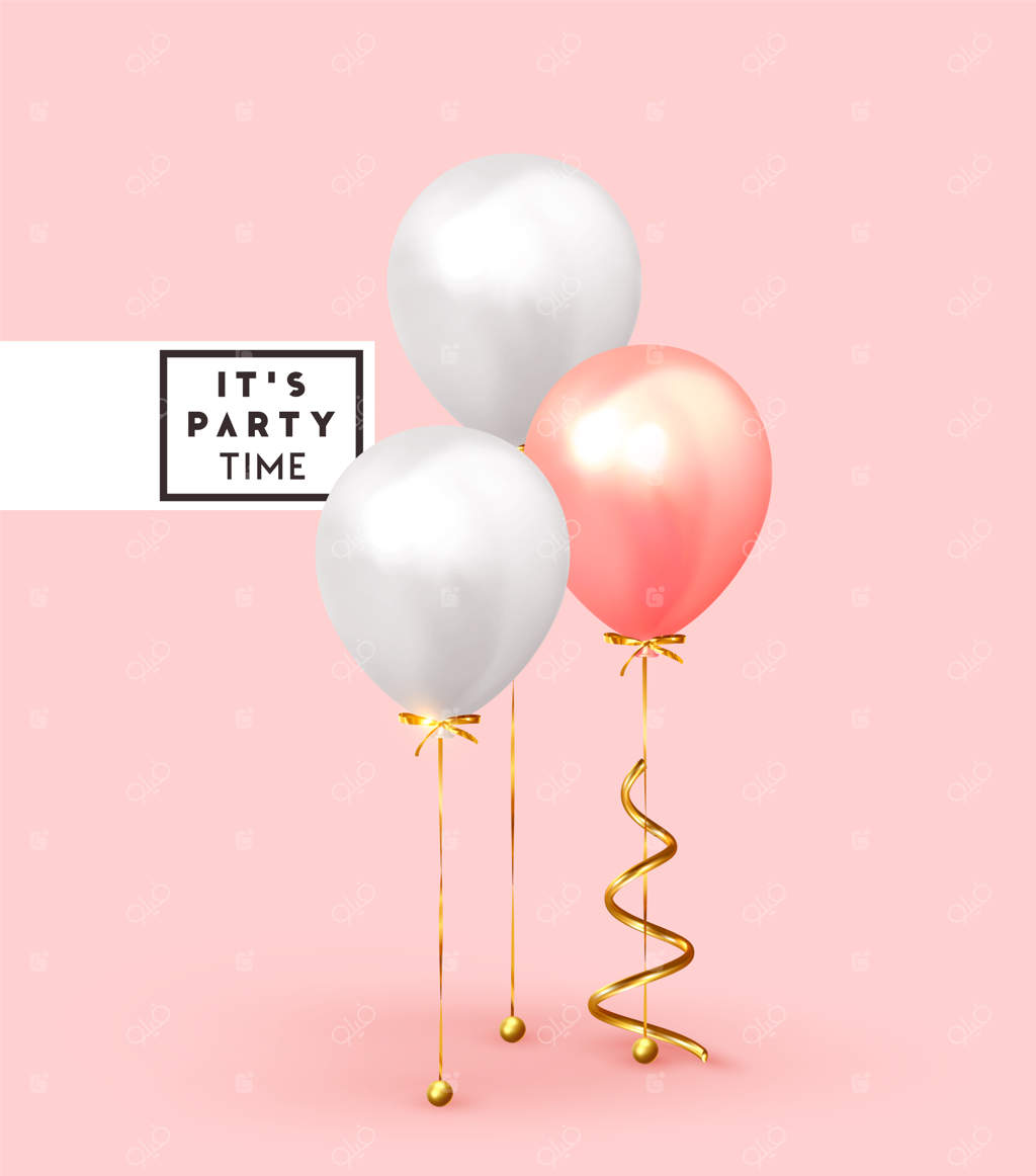 پس‌زمینه جشن با بادکنک‌های هلیومی. جشن تولد، پوستر تعطیلات، بنر سالگرد شادی. طراحی دکوراتیو واقعی با عناصر سه‌بعدی. رنگ‌های ملایم صورتی و سفید. تصویرسازی وکتور