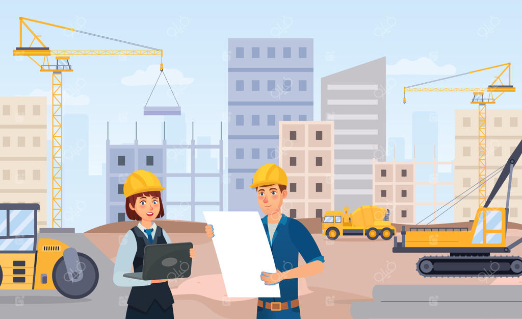 مدیر و معمار در حال بررسی پروژه روی کاغذ در محل ساخت‌وساز، افراد با کلاه ایمنی جلوی ساختمان ایستاده‌اند.