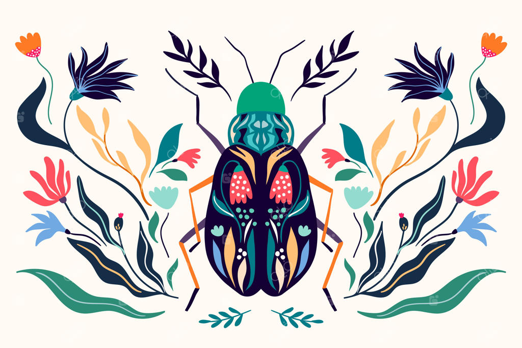 پوستر تزئینی با طرح گل‌ها، حشرات و گیاهان