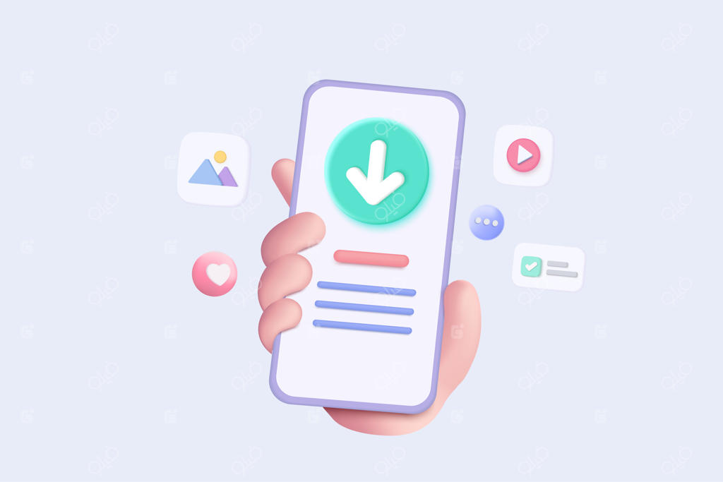 موبایل سه‌بعدی در دست با مفهوم دانلود داده‌ها به رایانش ابری برای اشتراک‌گذاری فایل و انتقال داده، آیکن سه‌بعدی دانلود چندرسانه‌ای به گوشی هوشمند با رندر سایه‌دار، وکتور و تصویرسازی