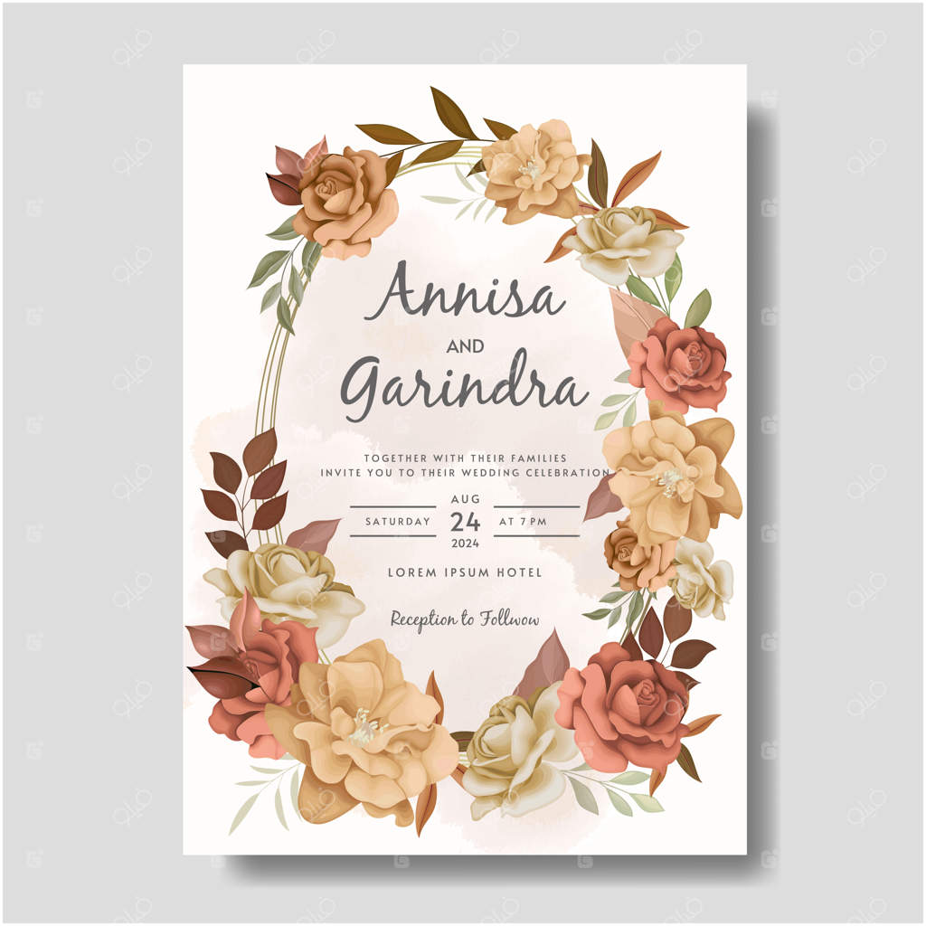 قالب کارت دعوت عروسی با قاب گل‌های زیبای پاییزی