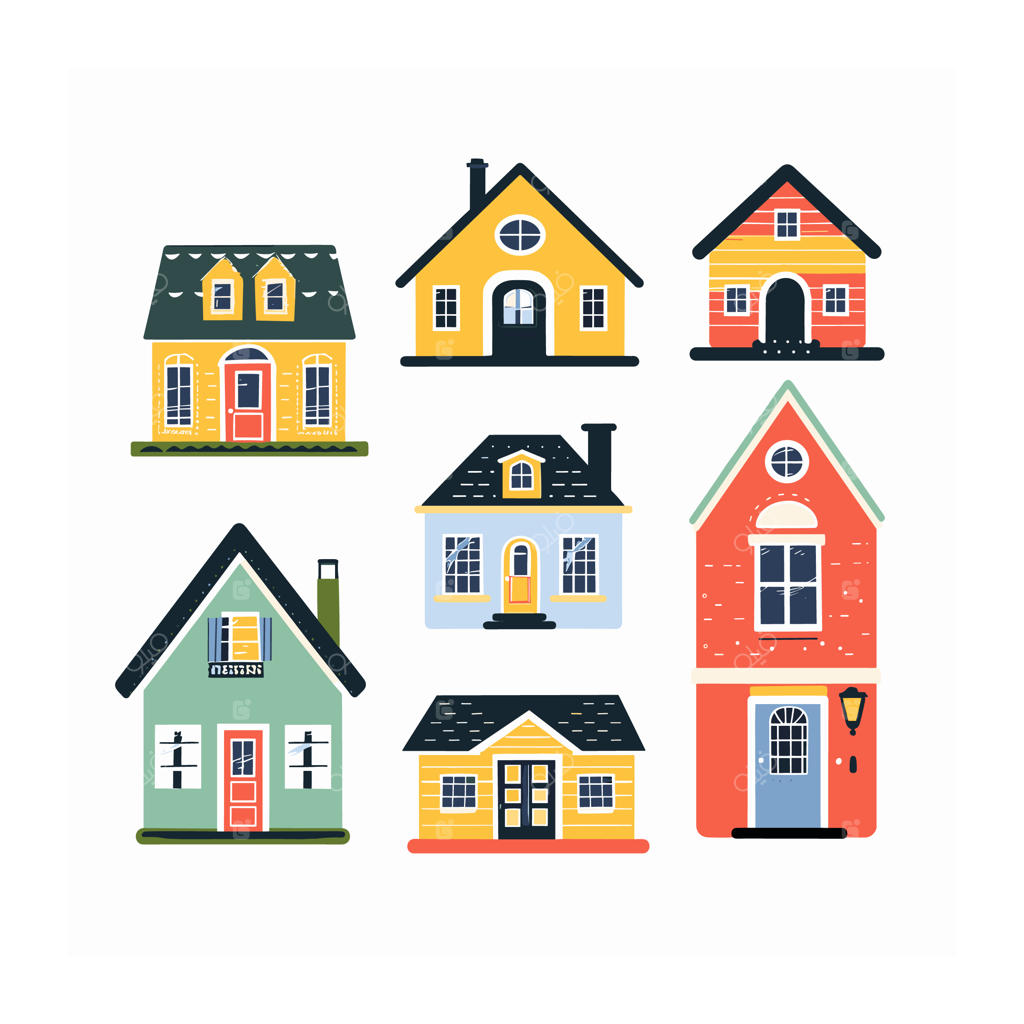 مجموعه تصویرسازی‌های رنگارنگ خانه با سبک‌های مختلف معماری و طراحی تخت