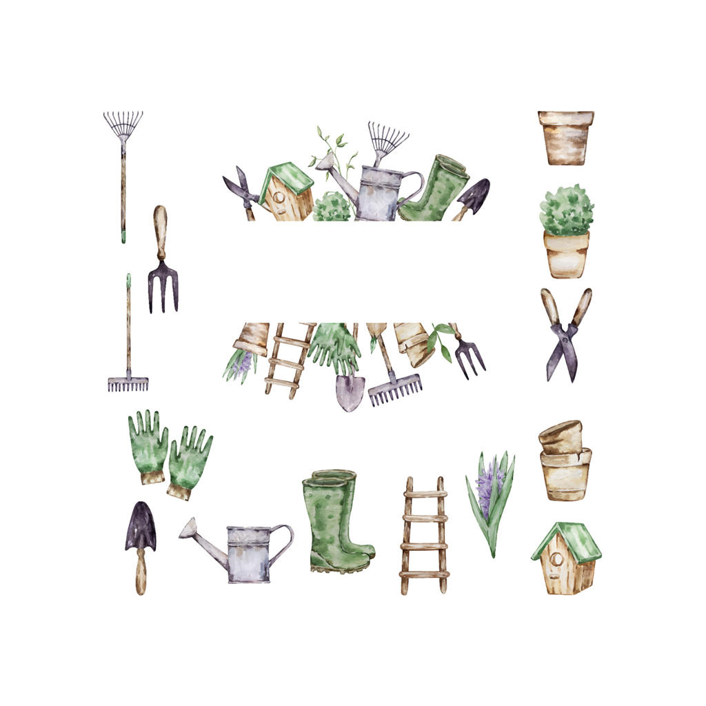 قاب باغ آبرنگی با عناصر ابزار باغبانی