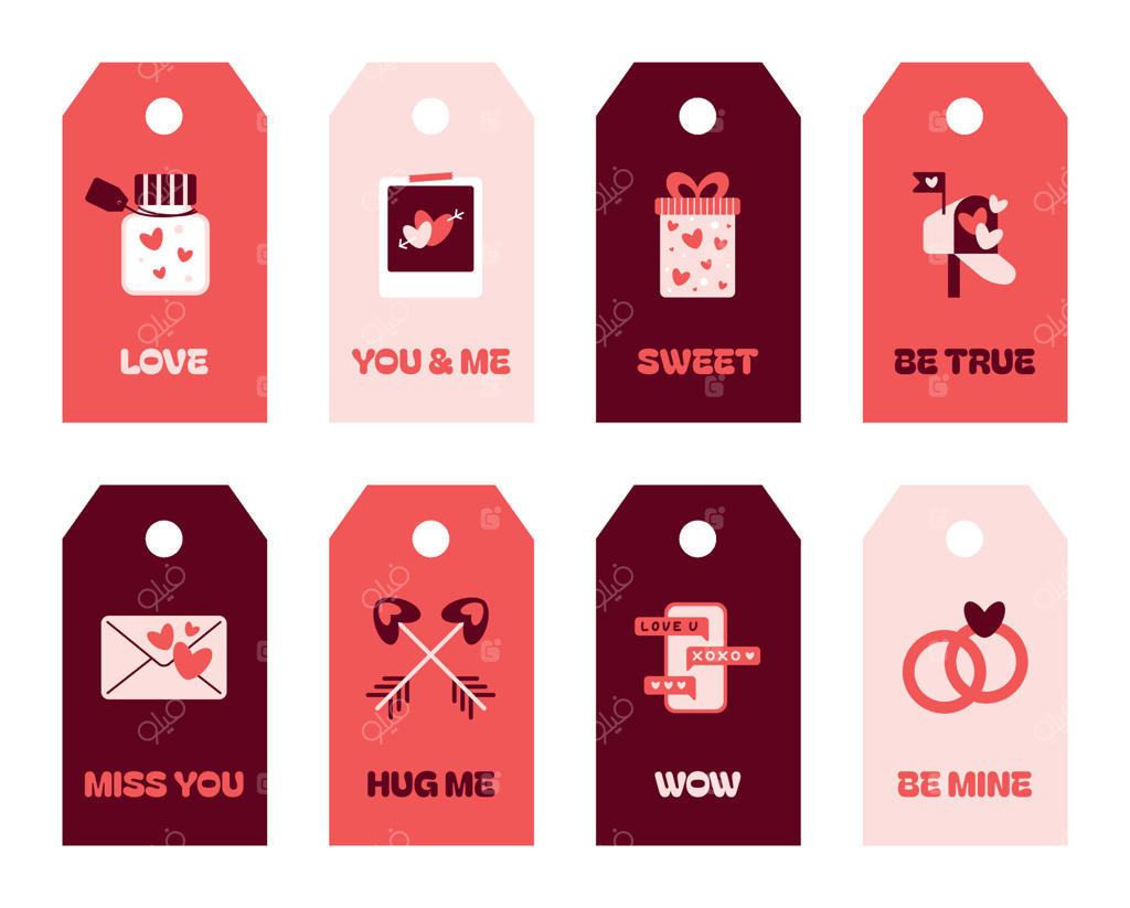 مجموعه برچسب‌های هدیه روز ولنتاین. مجموعه بزرگ برچسب‌ها و برگه‌های هدیه عاشقانه برای خرید و طراحی کارت ولنتاین. شیشه، قاب، جعبه هدیه، نامه، پیکان‌ها، پیام‌ها، حلقه‌ها