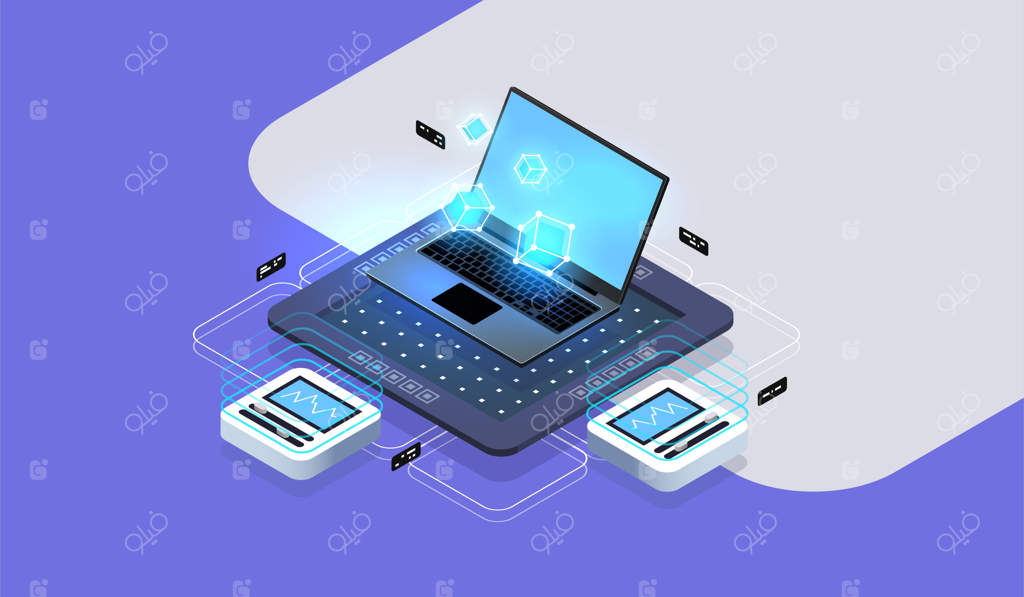 مفهوم کلان‌داده: توسعه نرم‌افزار و برنامه‌نویسی، نمایش داده‌ها روی صفحه‌نمایش لپ‌تاپ. تصویرسازی مدرن و ایزومتریک.