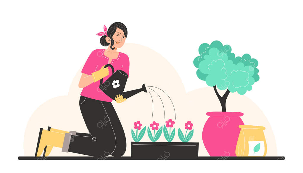 دختری جوان گل‌های باغچه را در گلدان آبیاری می‌کند