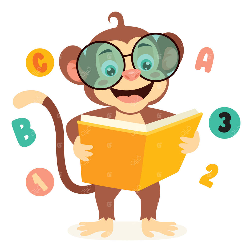 نقاشی کارتونی میمون در حال کتاب‌خوانی