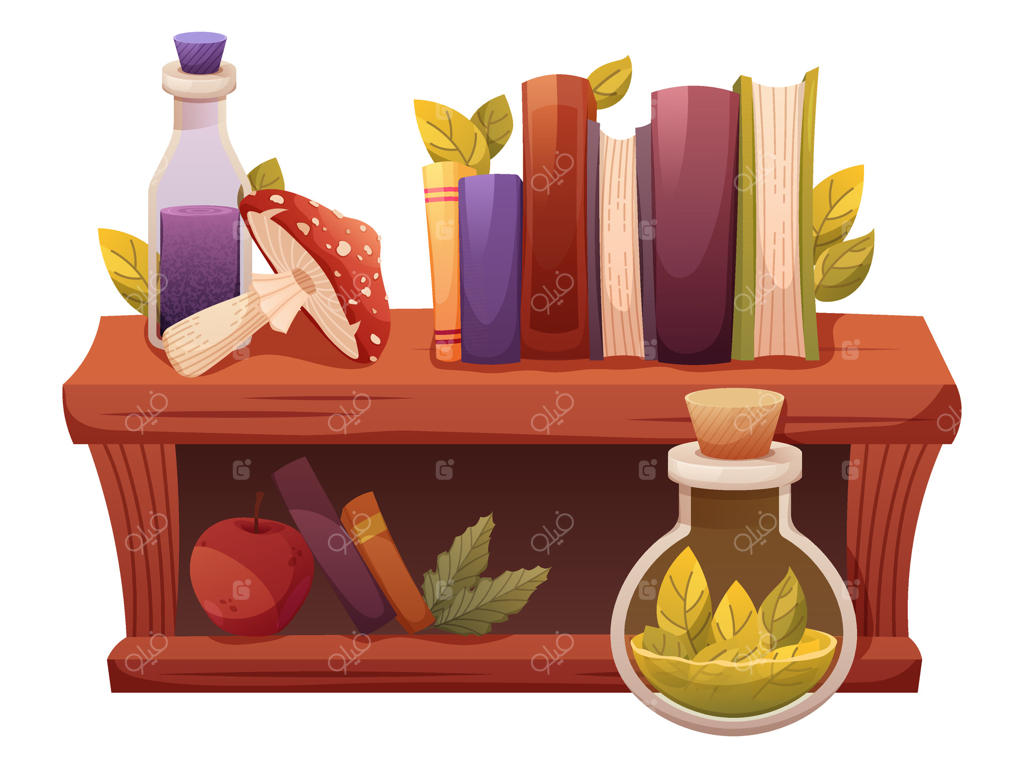 قفسه با کتاب‌ها، معجون‌ها و گیاهان دارویی - مجموعه‌ای از وسایل جادوگر و ساحره