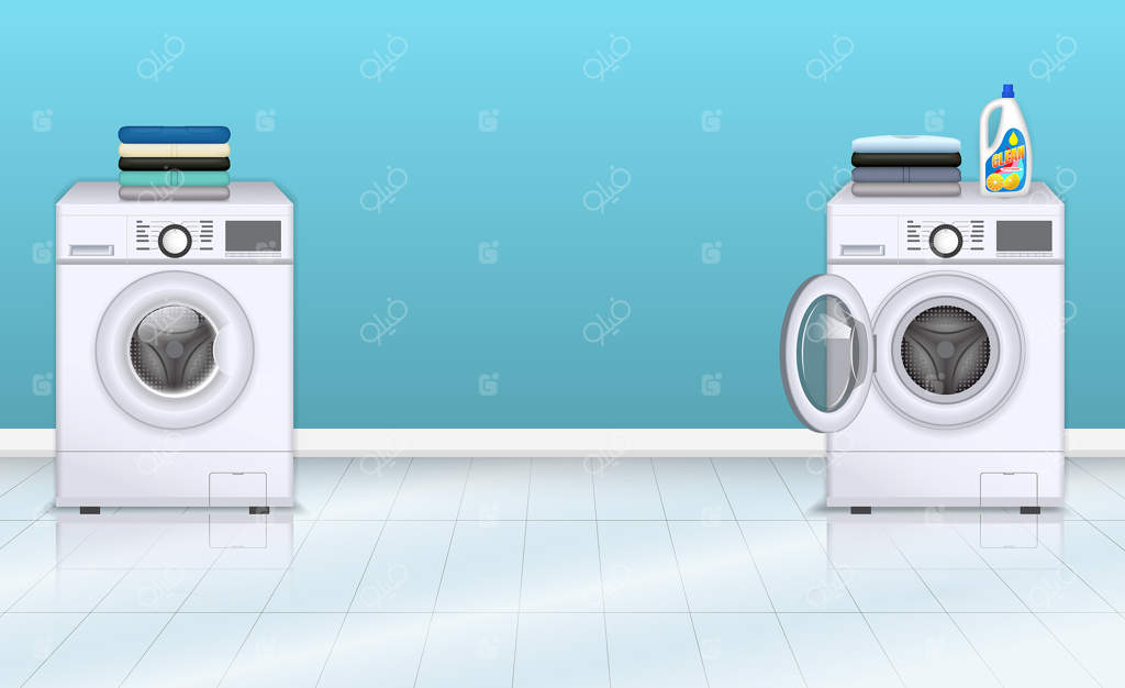 مجموعه‌ای از لباس‌های تاشده واقعی روی ماشین لباسشویی یا لباس‌های تمیز و تاشده