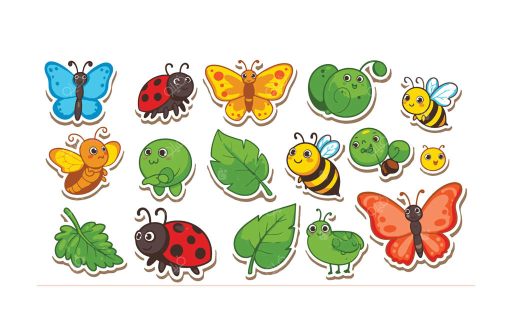 بسته استیکر حشرات باغچه‌ای زیبا با قاب‌های جذاب و گیاهان