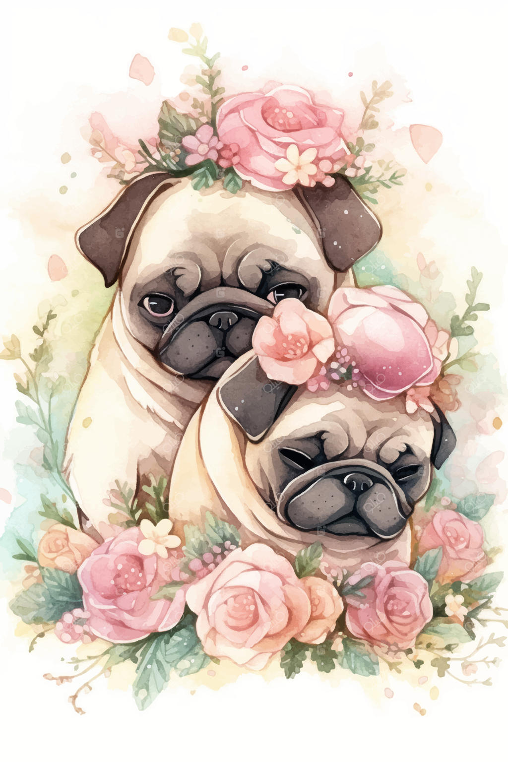 پاگ‌ها در میان گل‌ها با هنر حیوانات خانگی