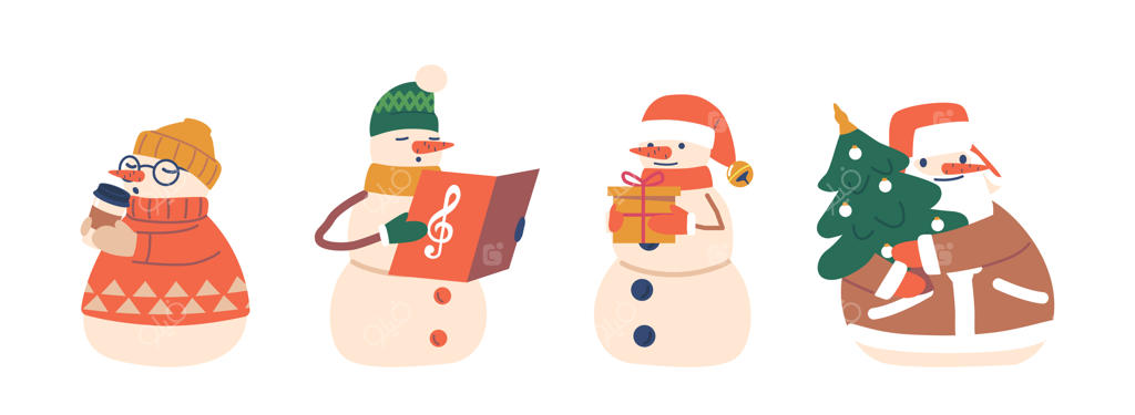 مجموعه‌ای از آدم‌برفی‌های بامزه: شخصیت‌های سال نو، زمستان و کریسمس که کاکائو می‌نوشند، آواز می‌خوانند و هدیه در دست دارند