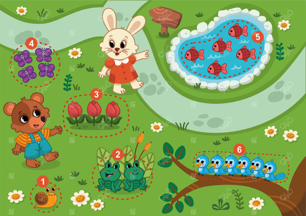 بازی شمارش برای کودکان مهدکودک با شخصیت‌های حیوانات رنگارنگ - تصویر وکتور