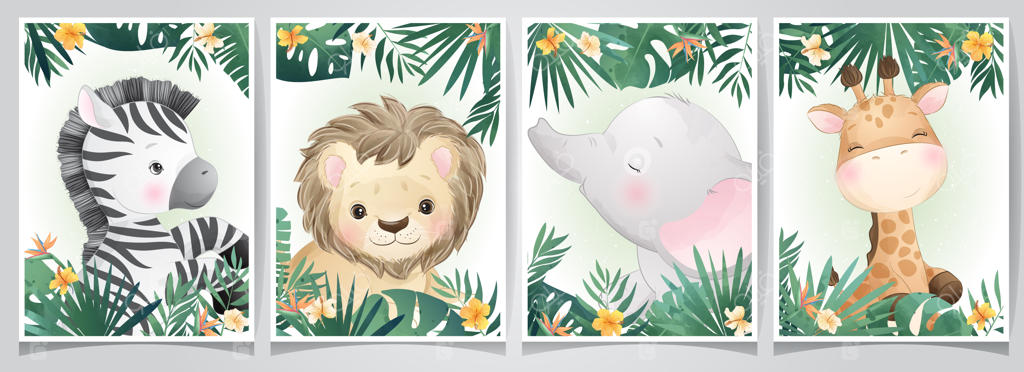 مجموعه تصویرسازی حیوانات بامزه با طرح دستی و گل