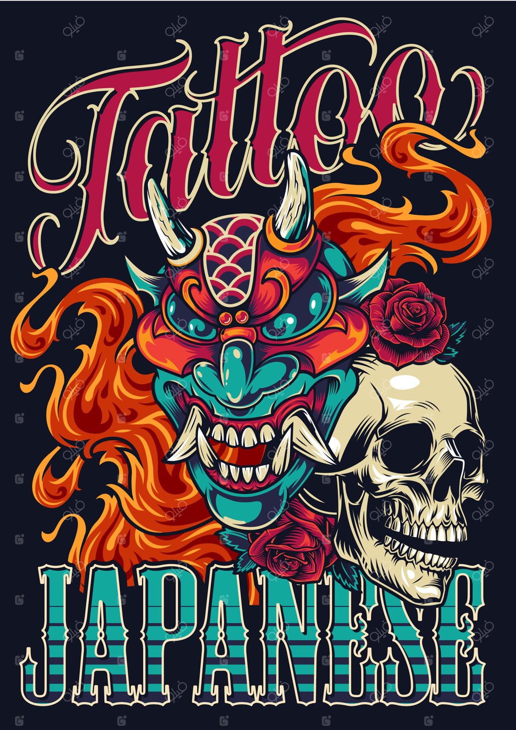 پوستر کلاسیک خالکوبی ژاپنی رنگارنگ