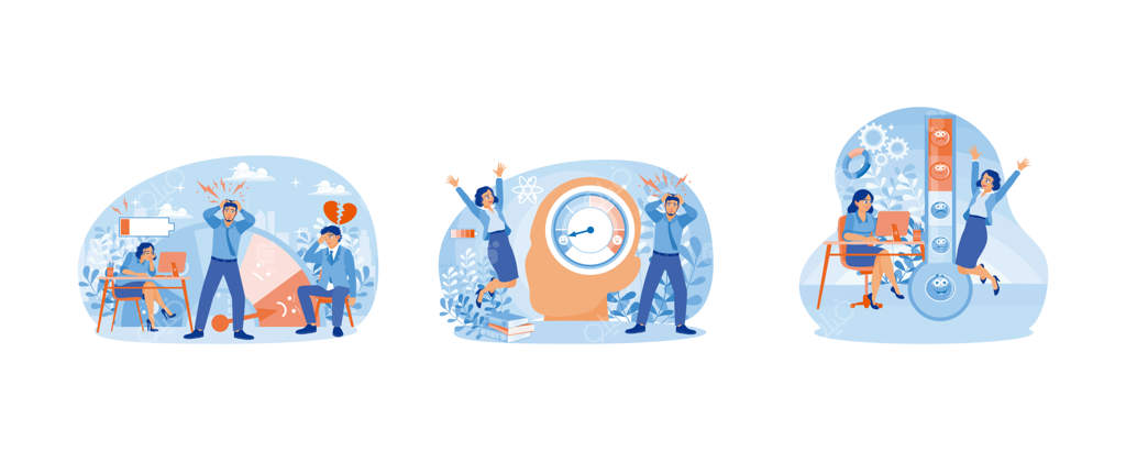 افسردگی و اختلالات روانی: مردی خسته و مضطرب از کار، کارمند زن پر انرژی و مشتاق، مفهوم سطوح استرس، مجموعه‌ای از تصاویر برداری تخت