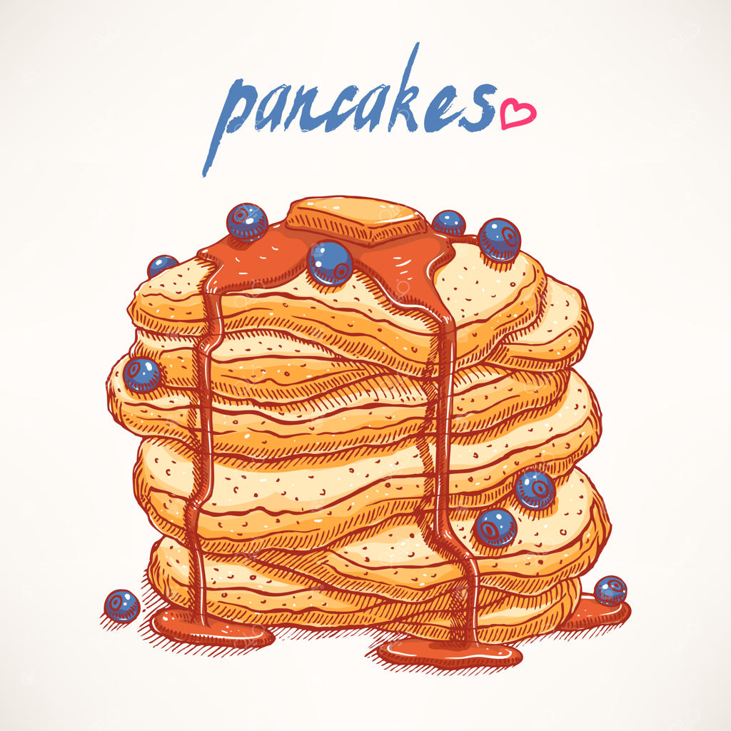 پنکیک‌های خوشمزه با طراحی دستی و تزیین بلوبری و شیره افرا