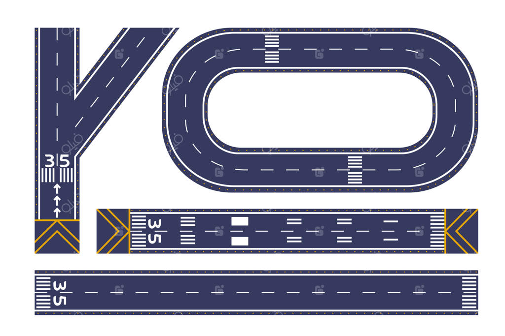 مجموعه تصویرسازی کارتونی باند فرودگاه برای فرود هواپیما. نمای بالا از باند پرواز هواپیماها و جت‌ها. مفهوم هوانوردی، پرواز، سفر، حمل‌ونقل و ورود