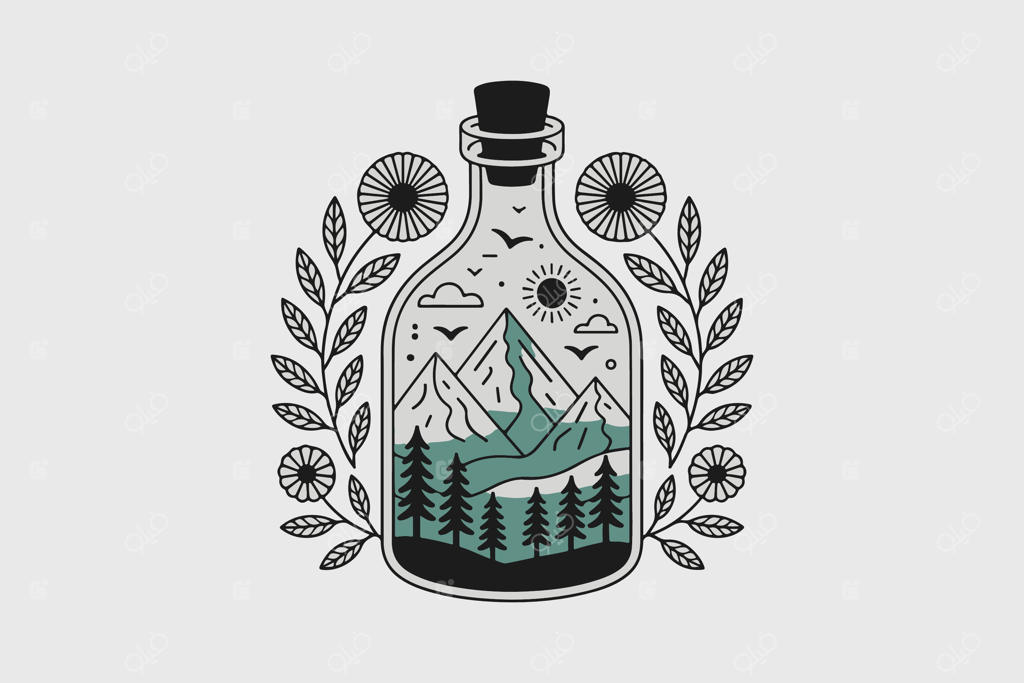 منظره کوهستانی داخل بطری همراه با گل