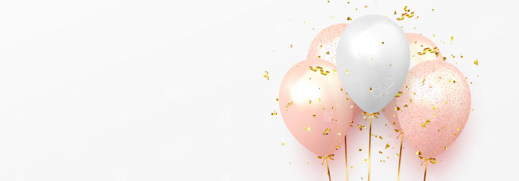 پس‌زمینه‌ای با بادکنک‌های واقعی و روبان‌های جشن. طراحی جشن با بادکنک‌های صورتی و سفید، پرزرق‌وبرق با طلای درخشان و کنفتی براق. قالب جشن تولد
