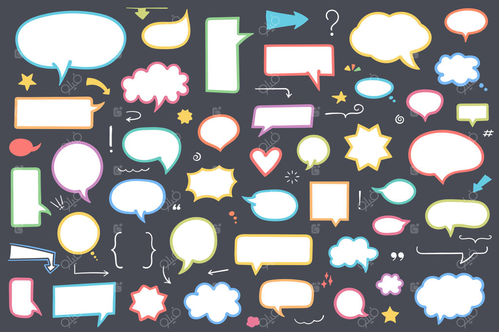 مجموعه‌ای از حباب‌های گفتار، فلش‌ها و عناصر طراحی دستی رنگارنگ - زمینه تیره