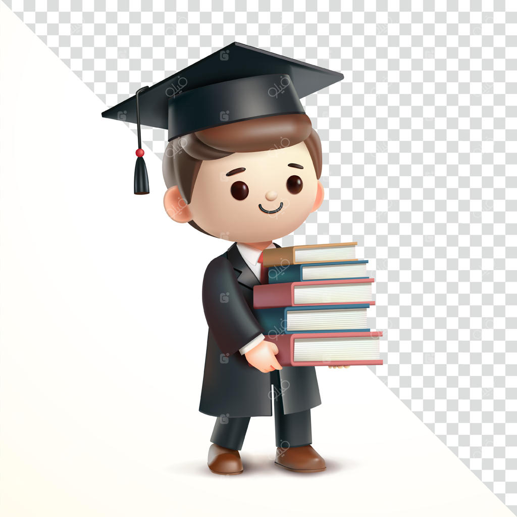 مرد فارغ‌التحصیل با دسته‌ای از کتاب‌ها در دست، سه‌بعدی. مناسب برای رویدادها و آموزش