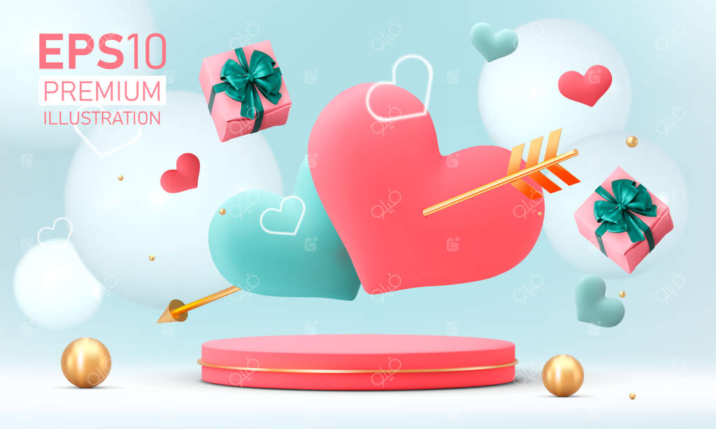 پلتفرم نمایش محصول ویژه روز ولنتاین با تزئینات، وکتور حرفه‌ای.