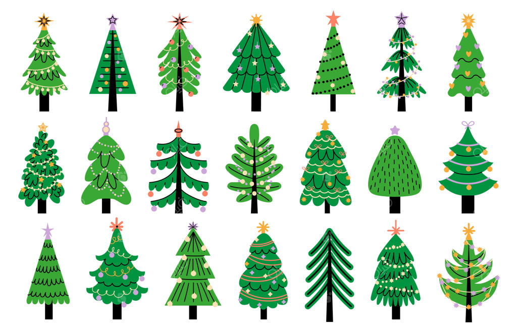 درخت سال نو تزئین‌شده: کارتون مدرن کریسمس، نمادهای شاد جشن، مجموعه زمستانی وکتور