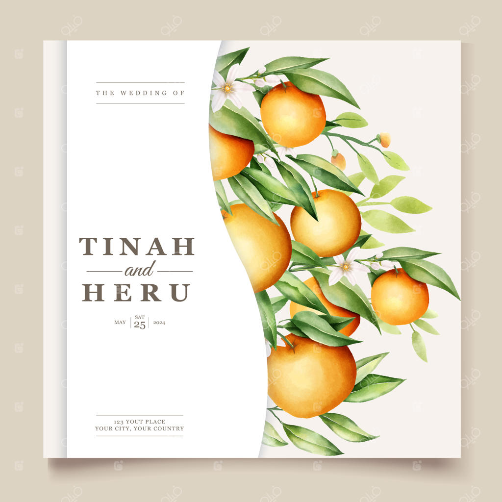 قالب کارت دعوت عروسی با طرح میوه‌های نارنجی با آبرنگ و گل‌های زیبا