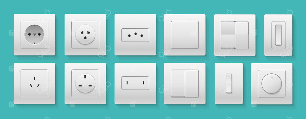 ست سه‌بعدی وکتور سوکت و کلید برق پلاستیکی با جزئیات واقع‌گرایانه