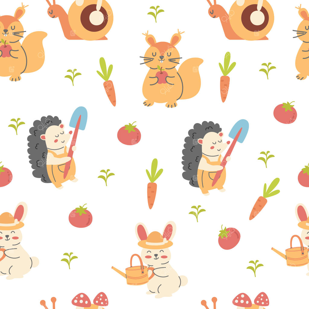 طرح یکپارچه با شخصیت‌های سنجاب، جوجه‌تیغی، خرگوش و حلزون، نقاشی دستی