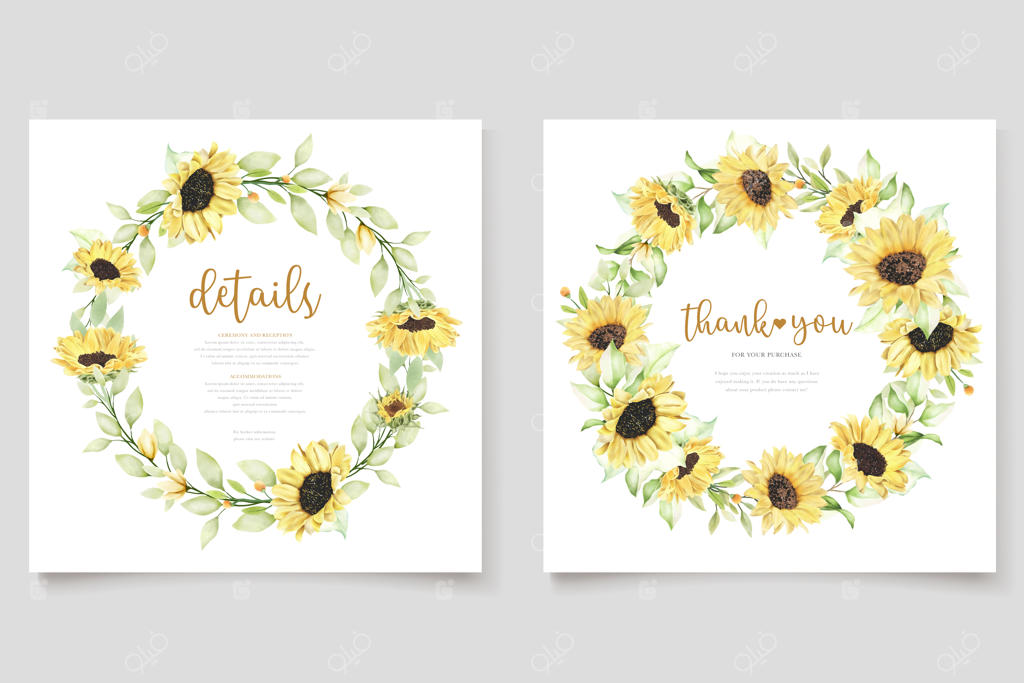 مجموعه کارت دعوت عروسی با طرح گل آفتابگردان آبرنگی